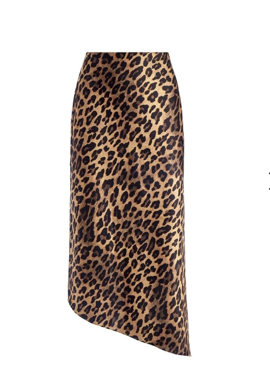 Alice + Olivia Maeve satin midi skirt 0 asymmetrical hem leopard print brown tan